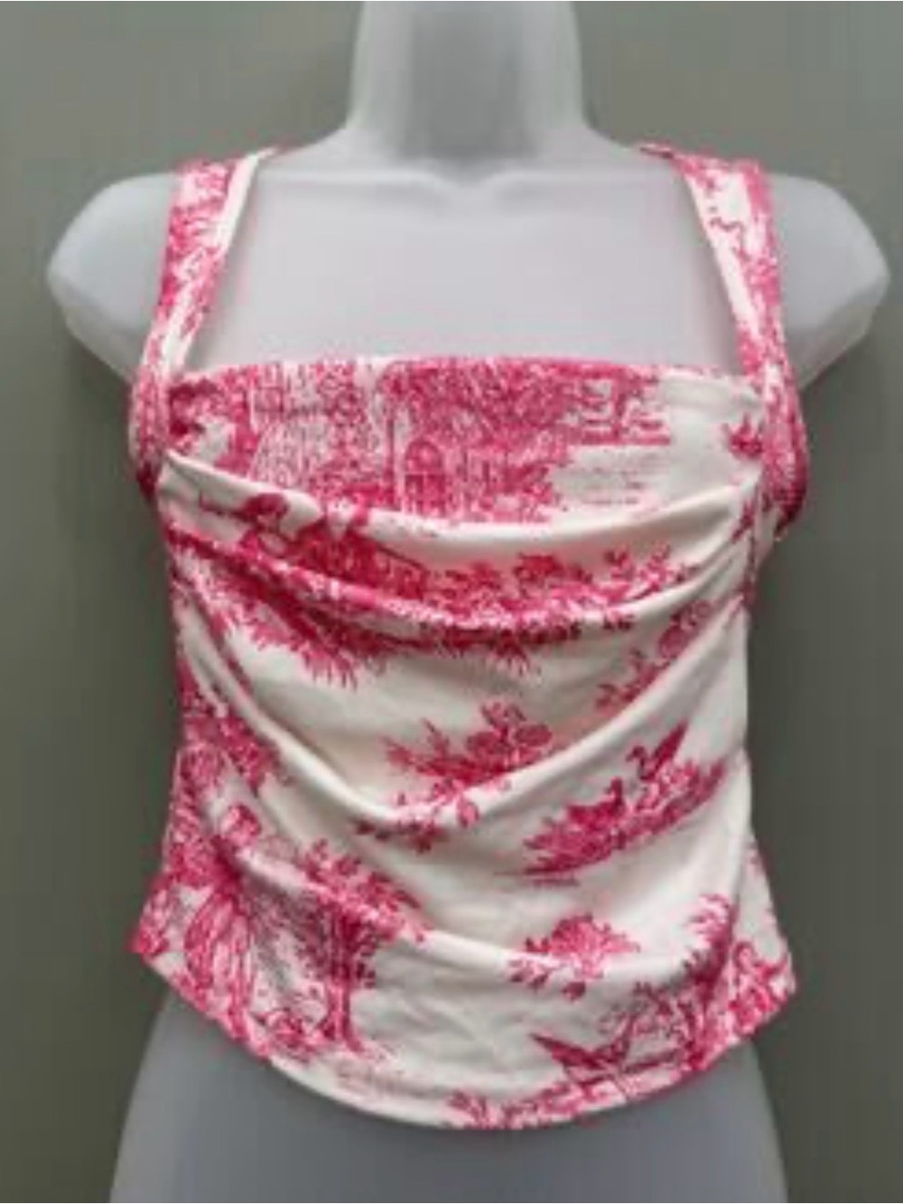 Cider White and Pink Toile Square-Neck Camisole
